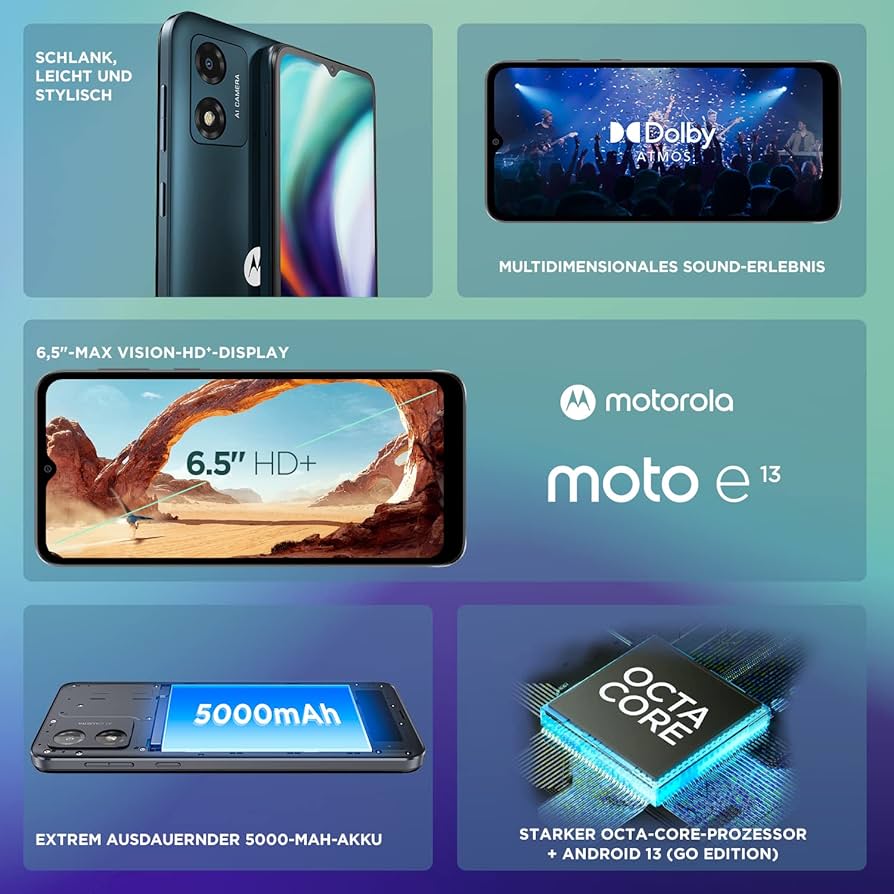 Móvil - Motorola E13, Cosmic Black, 128 GB, 8 GB RAM, 6.5" HD+, Unisoc T606, 5000 mAh, Android™ 13